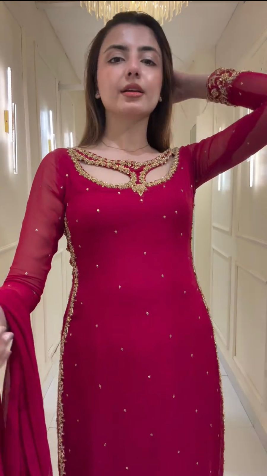 Premium Foux Georgetta Embroidered Kurti , Pant And Duppta Set