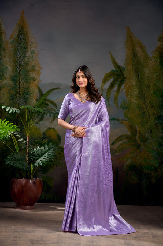Lovely Lavender Kanjivaram Silk Zari Weaving Worked Saree - Ethnicwish