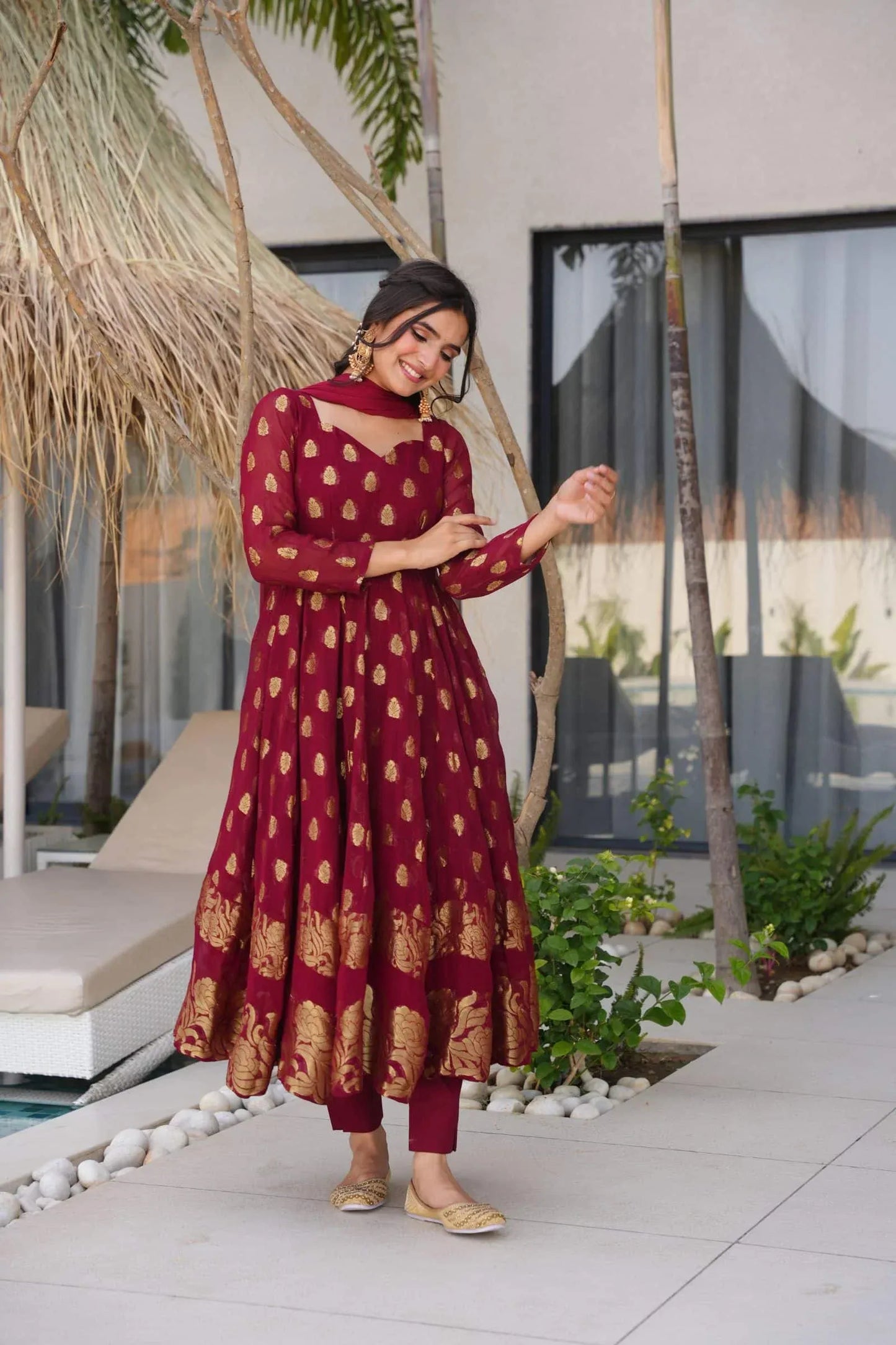 Elegant Maroon Anarkali Suit with Golden Zari Work & Dupatta – Festive Ethnic Wear