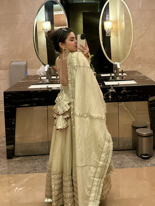 Neha’s Beige Dress Festive Anarkali Suit Set For Wedding & Diwali Outfit