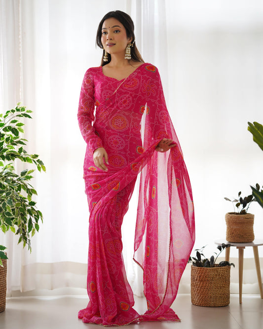 Pink Pure Soft Chiffon Bandhej Printed Ready To Wear Saree - Ethnicwish