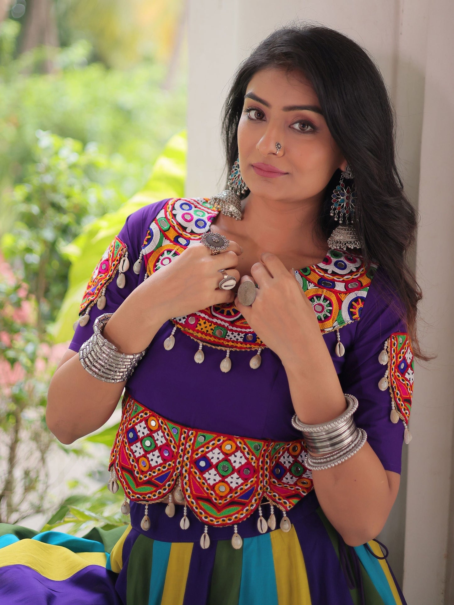 Graceful Multi-Color Silk Gamthi Work Navratri Wear Crop Top Lehenga