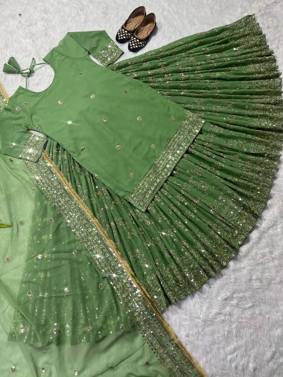 Awesome Green Embroidery Sequence Work Top With Lehenga