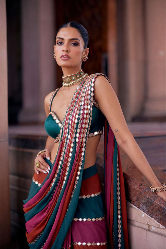Designer Multicolor Mirror Work Faux Georgette Saree with Banglori Silk Blouse