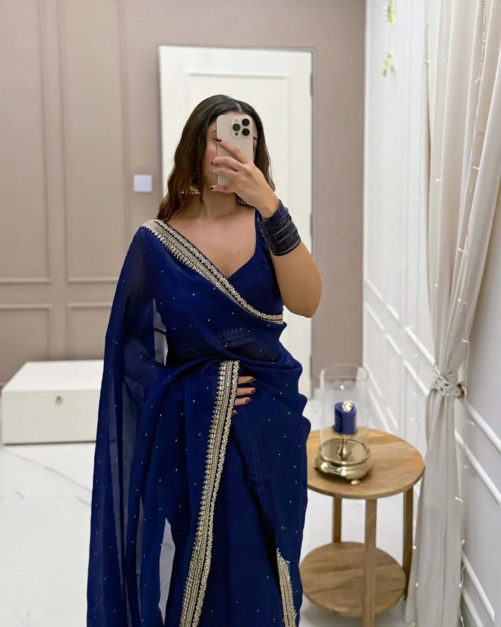 Party Wear Navy Blue Organza Silk Saree with Embroidery, Sequins & Diamond Work