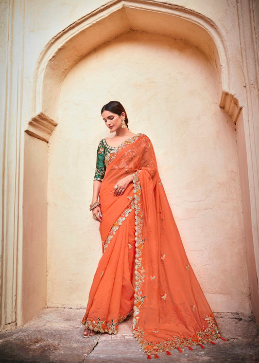 Orange Organza Saree with Real Mirror & Zari Work - ETHNICDEAL