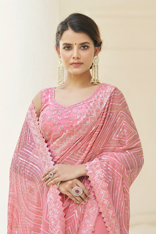 Pink Georgette Saree with Thread & Sequins Work - ETHNICDEAL