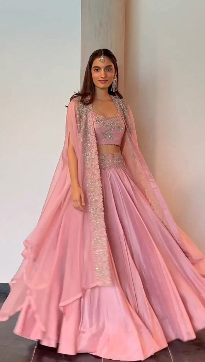 Gorgeous Blush Pink Chinon Lehenga Choli with Embroidered Organza Shrug