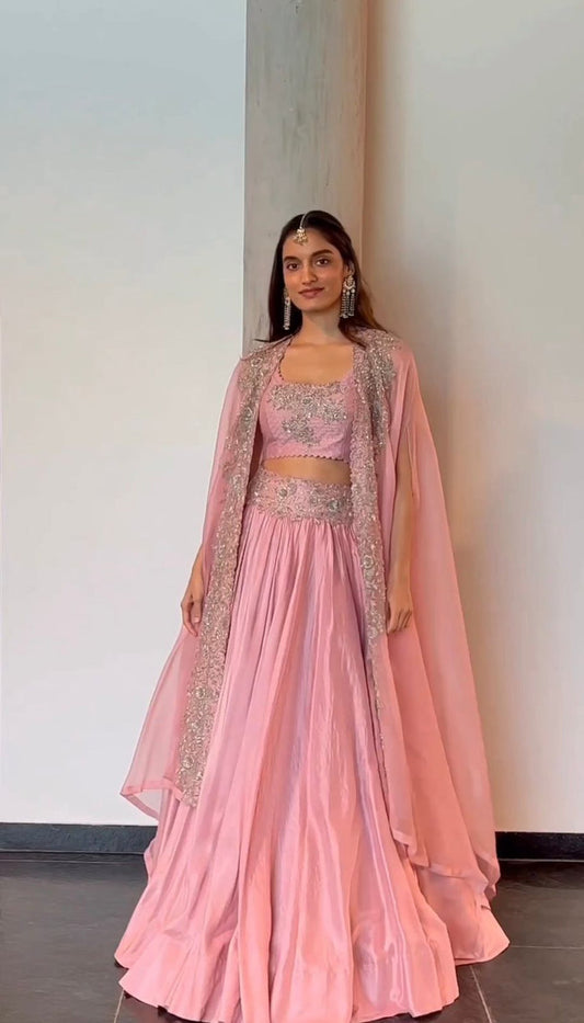 Gorgeous Blush Pink Chinon Lehenga Choli with Embroidered Organza Shrug