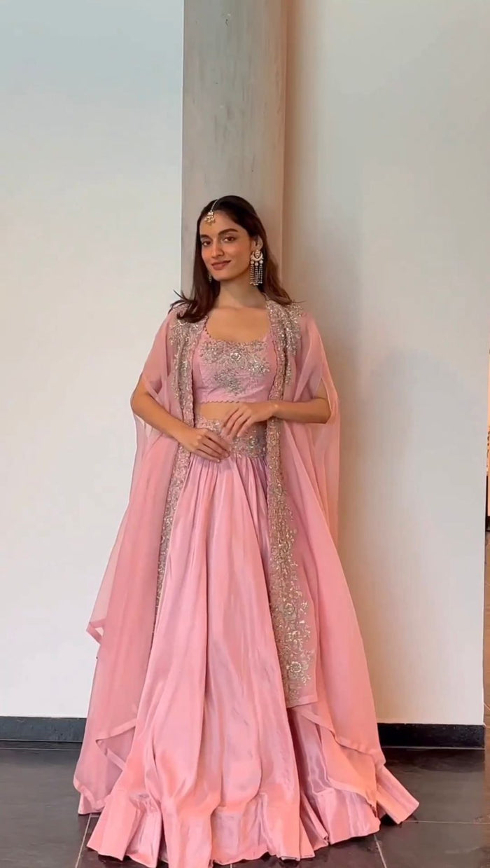Gorgeous Blush Pink Chinon Lehenga Choli with Embroidered Organza Shrug