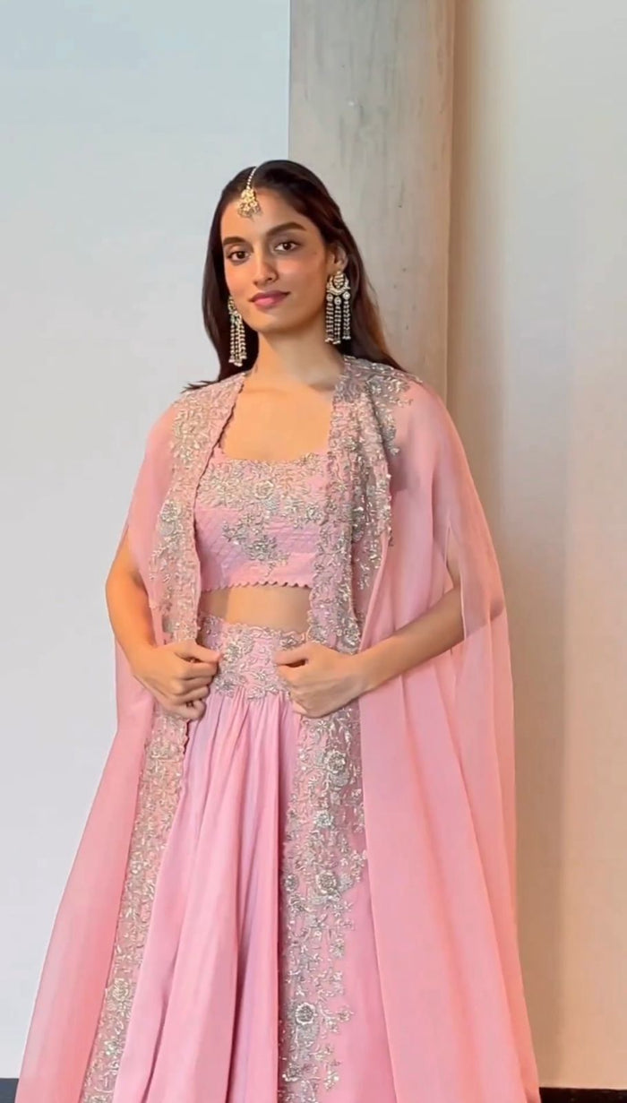 Gorgeous Blush Pink Chinon Lehenga Choli with Embroidered Organza Shrug