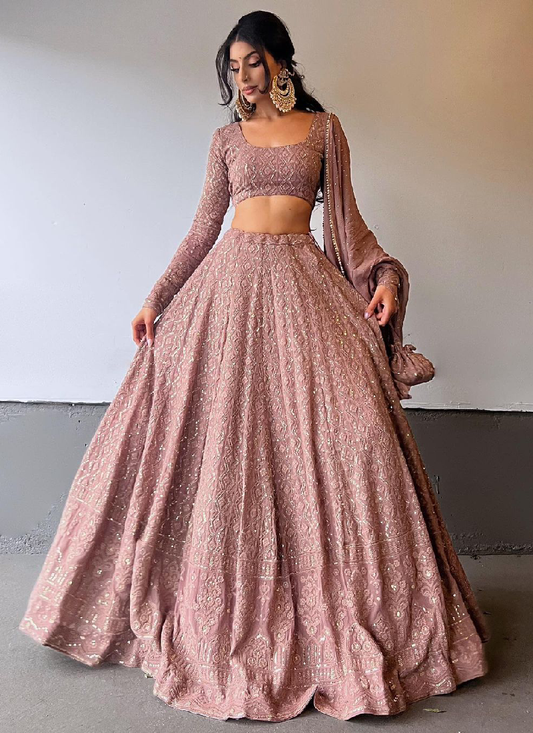 Lehenga For Women | Georgette Lucknowi Sequence Work Rosy Brown Lehenga For Women