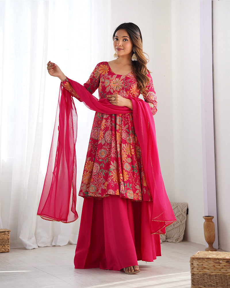 Rani Pink Color Printed Plazzo Suit | Sangeet & Engagement Wear | Sharara Set For Women