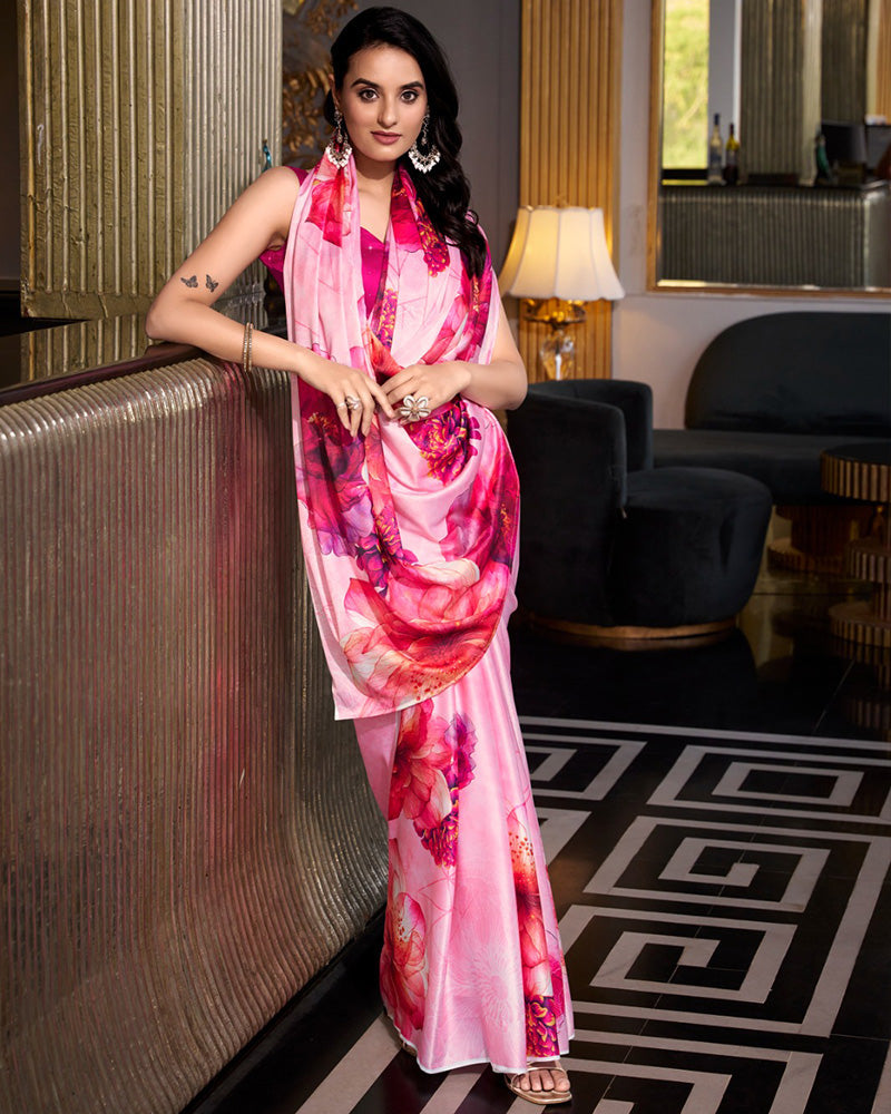 Light Pink Color Satin Silk Printed Saree - ETHNICDEAL