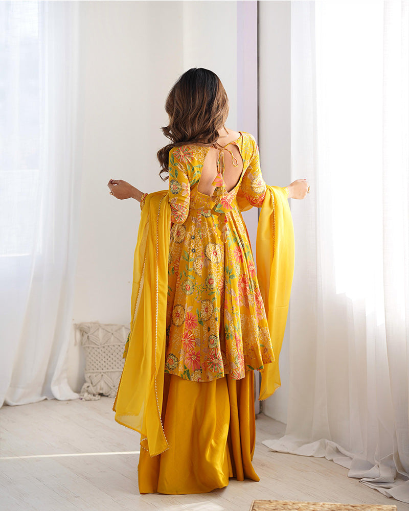 Sharara Set For Women | Mustard Color Printed Plazzo Suit For Haldi