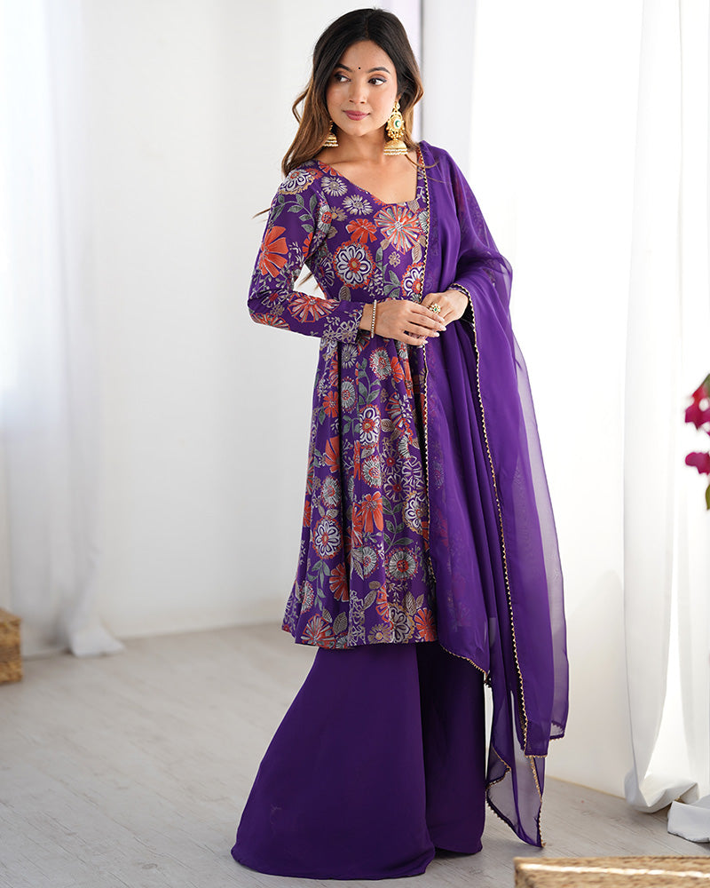 Purple Color Silk Printed Plazzo Suit for Reception | Indian Ethnic Dress | Sharara Set For Women
