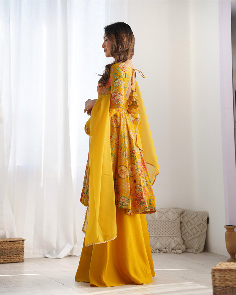 Sharara Set For Women | Mustard Color Printed Plazzo Suit For Haldi