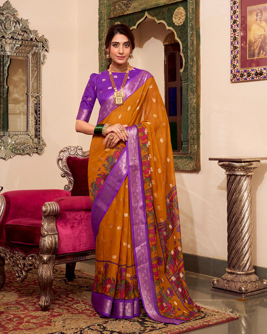 Mustard Color Poly Cotton Kalamkari Print With Zari Work saree - ETHNICDEAL