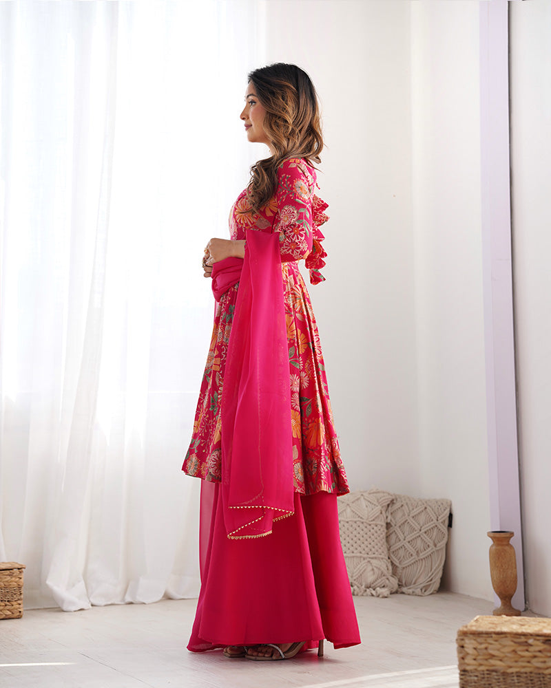 Rani Pink Color Printed Plazzo Suit | Sangeet & Engagement Wear | Sharara Set For Women
