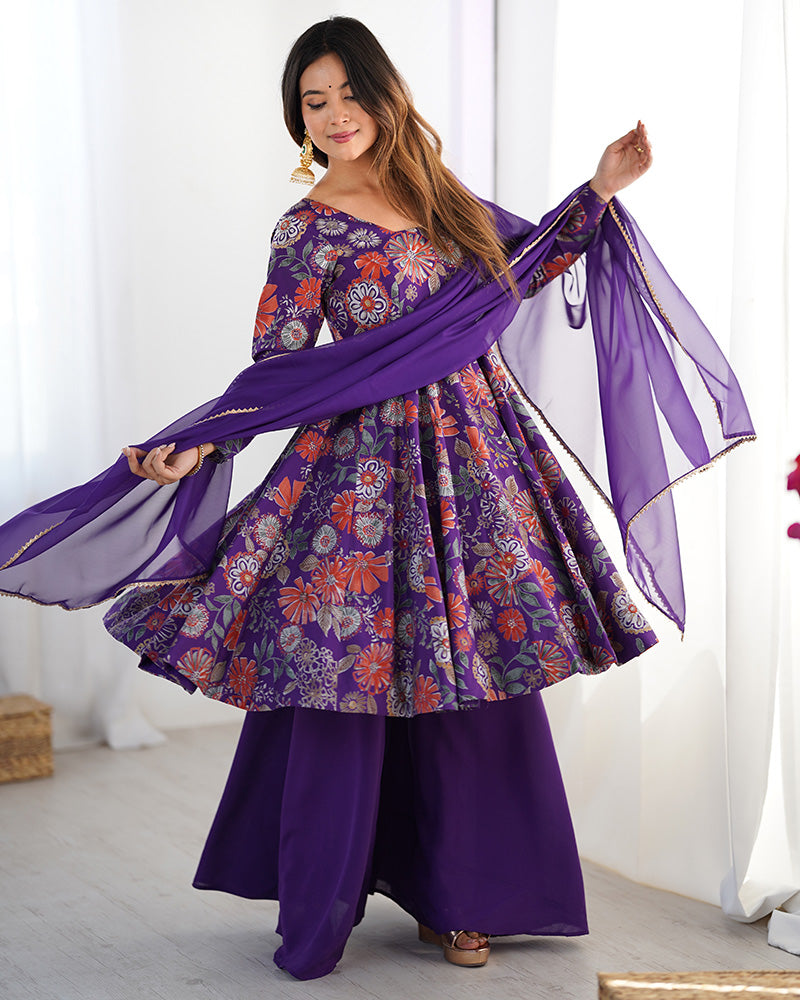 Purple Color Silk Printed Plazzo Suit for Reception | Indian Ethnic Dress | Sharara Set For Women