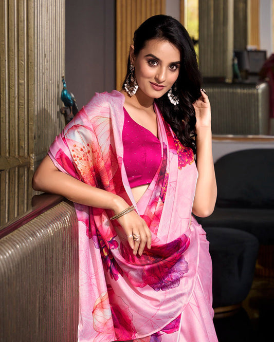 Light Pink Color Satin Silk Printed Saree - ETHNICDEAL