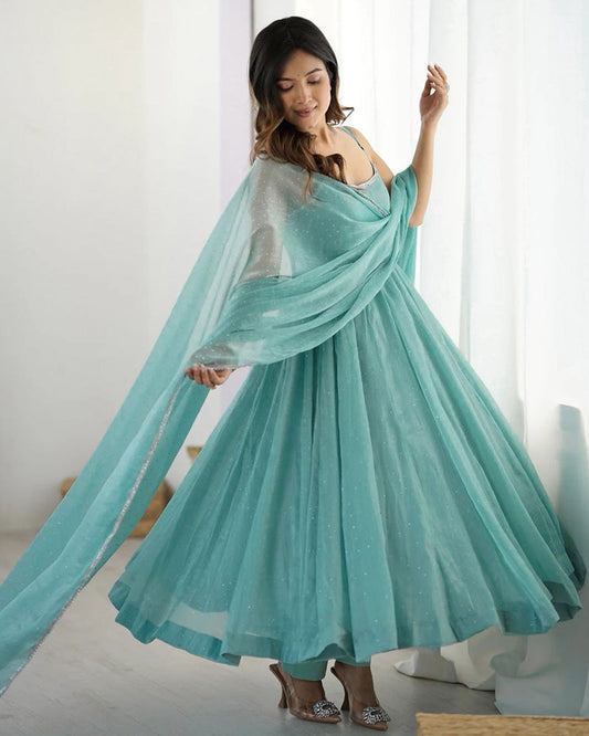 Sky Blue Color Crunchy Silk Three Piece Anarkali Suit