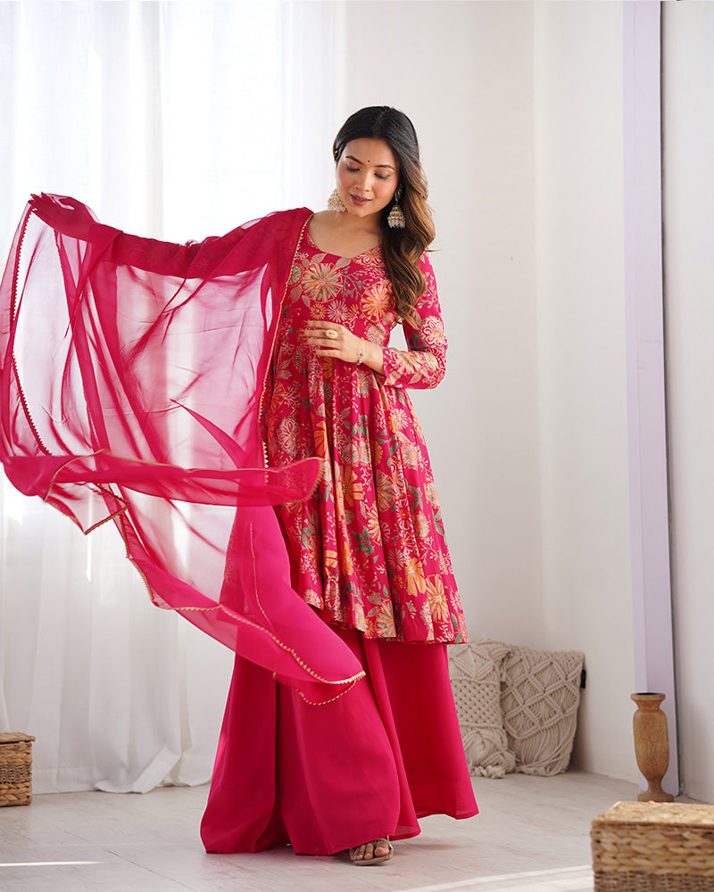 Rani Pink Color Printed Plazzo Suit | Sangeet & Engagement Wear | Sharara Set For Women