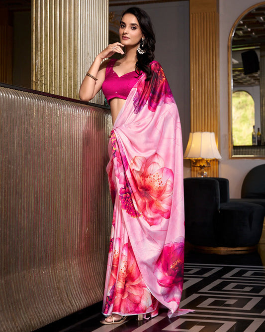 Light Pink Color Satin Silk Printed Saree - ETHNICDEAL