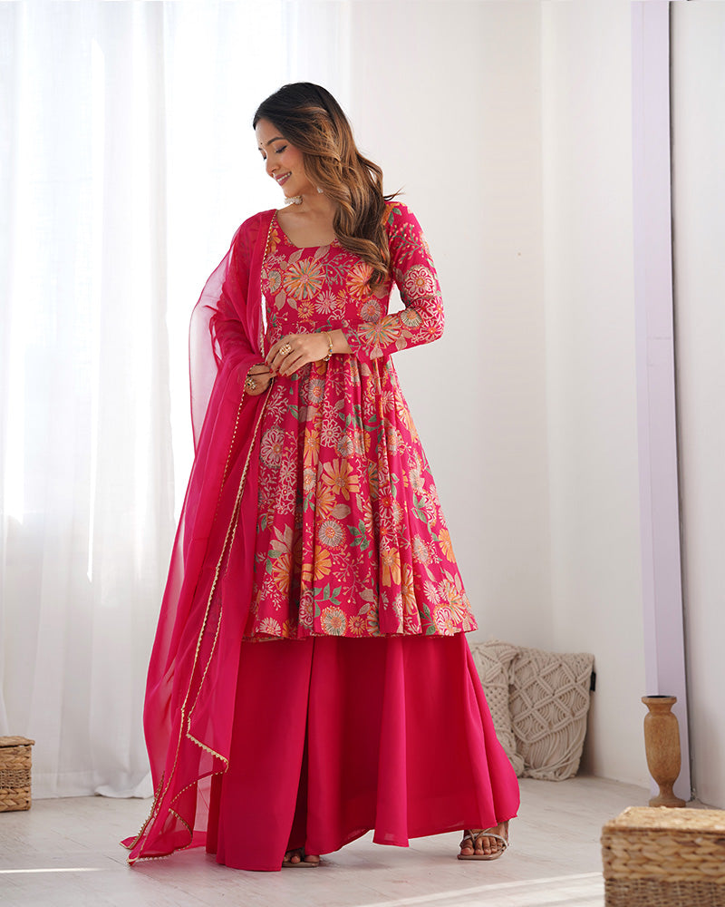 Rani Pink Color Printed Plazzo Suit | Sangeet & Engagement Wear | Sharara Set For Women