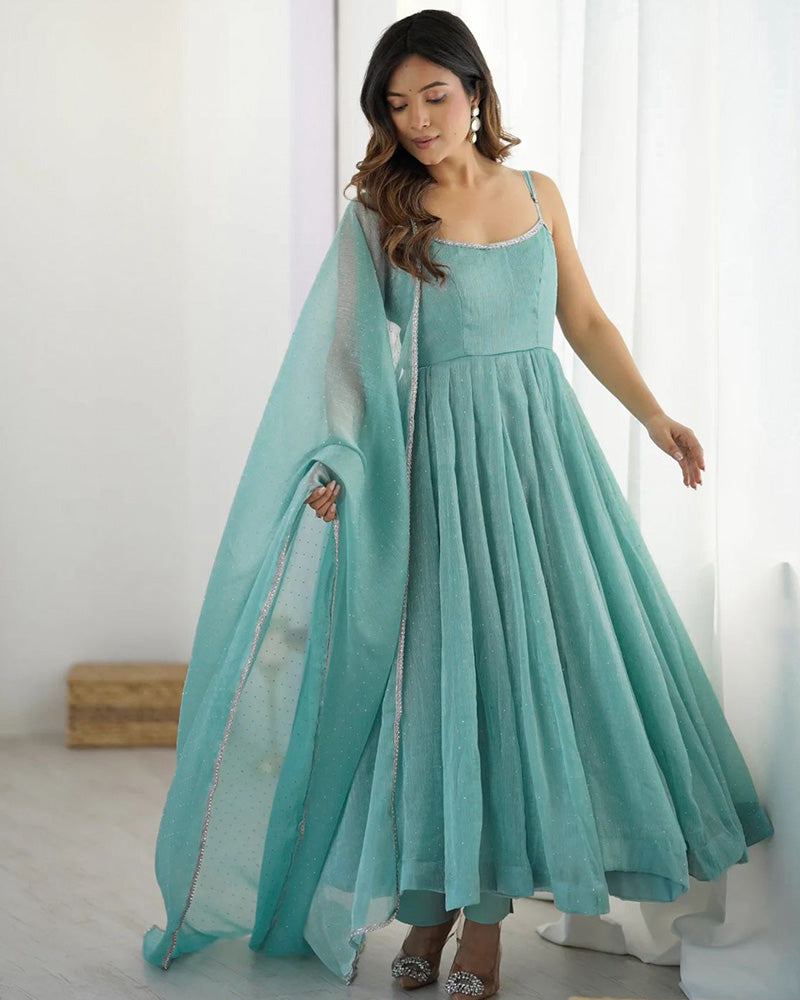 Sky Blue Color Crunchy Silk Three Piece Anarkali Suit