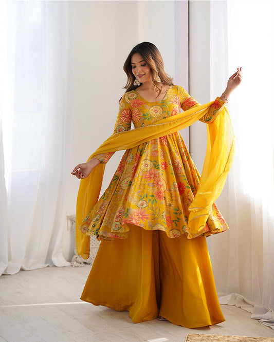 Sharara Set For Women | Mustard Color Printed Plazzo Suit For Haldi