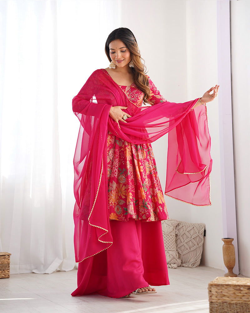 Rani Pink Color Printed Plazzo Suit | Sangeet & Engagement Wear | Sharara Set For Women