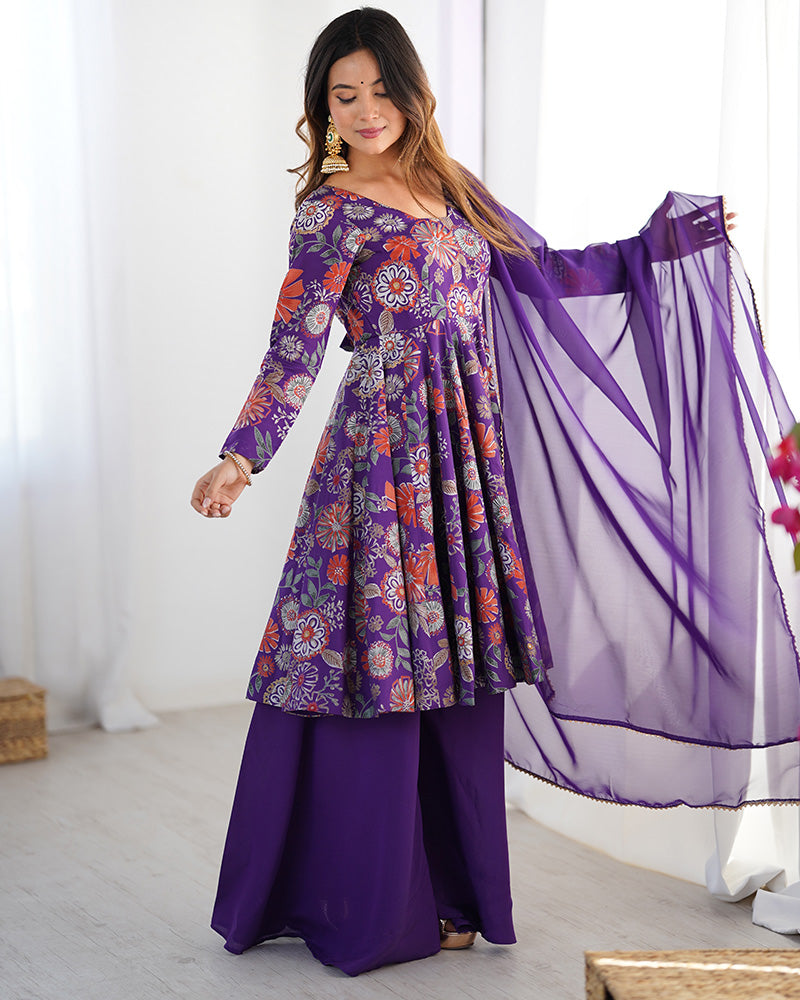 Purple Color Silk Printed Plazzo Suit for Reception | Indian Ethnic Dress | Sharara Set For Women