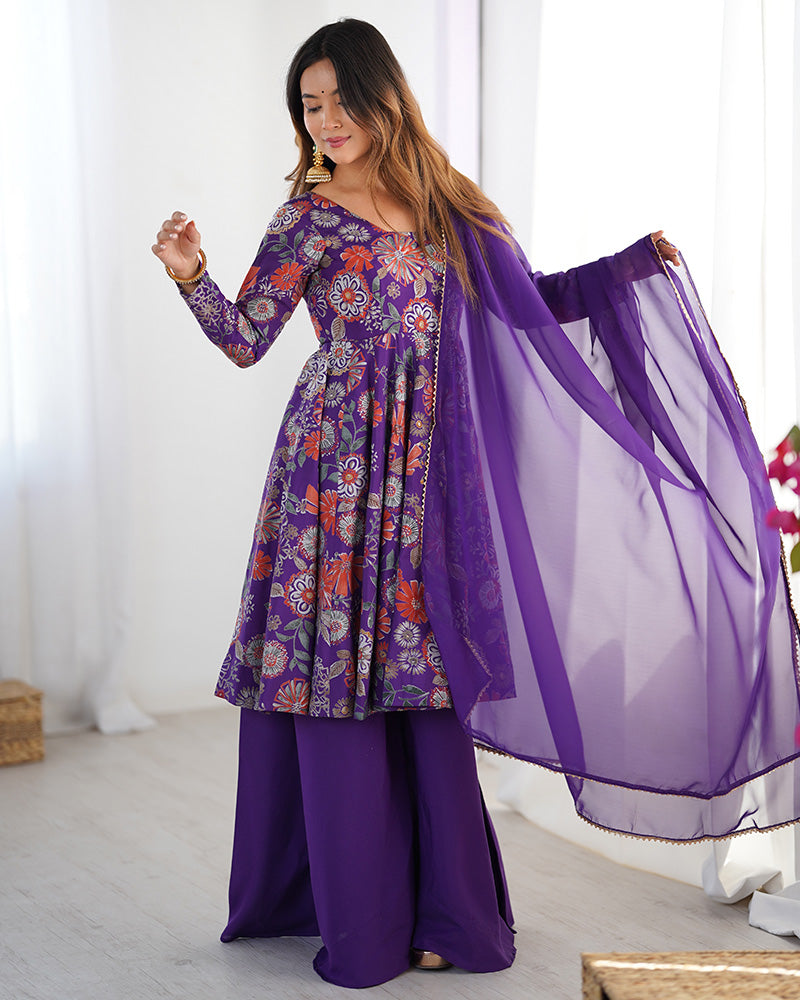 Purple Color Silk Printed Plazzo Suit for Reception | Indian Ethnic Dress | Sharara Set For Women