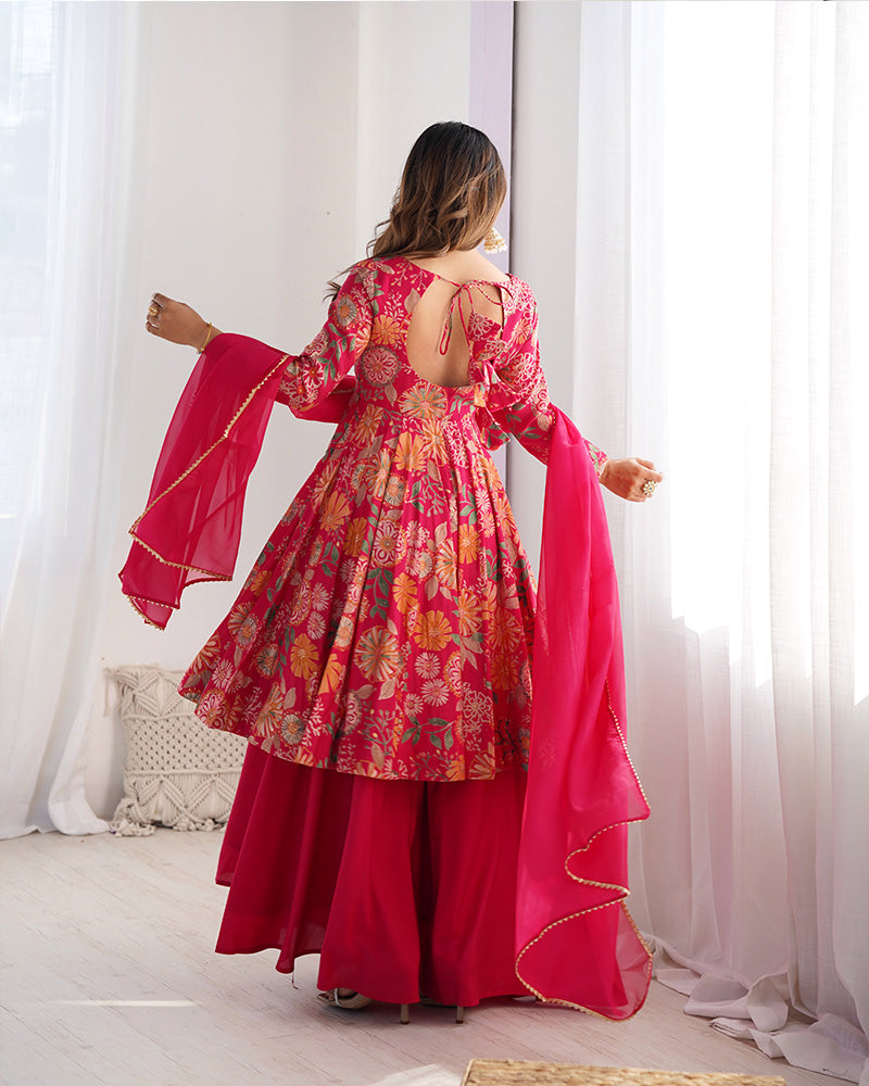 Rani Pink Color Printed Plazzo Suit | Sangeet & Engagement Wear | Sharara Set For Women