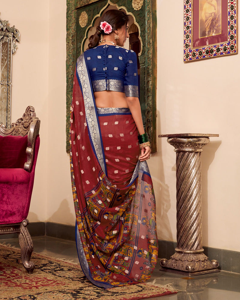 Maroon Color Poly Cotton Kalamkari Print With Zari Work saree - ETHNICDEAL