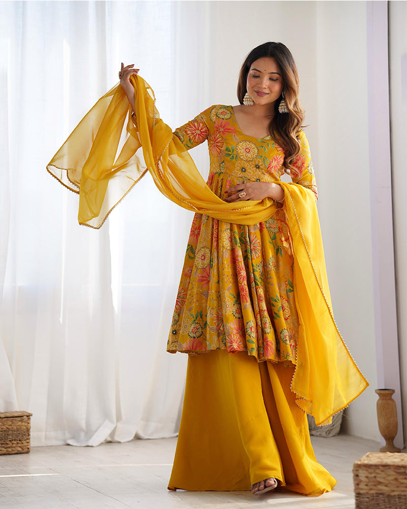 Sharara Set For Women | Mustard Color Printed Plazzo Suit For Haldi