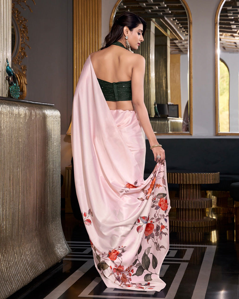 Off White Color Satin Silk Printed Saree - ETHNICDEAL