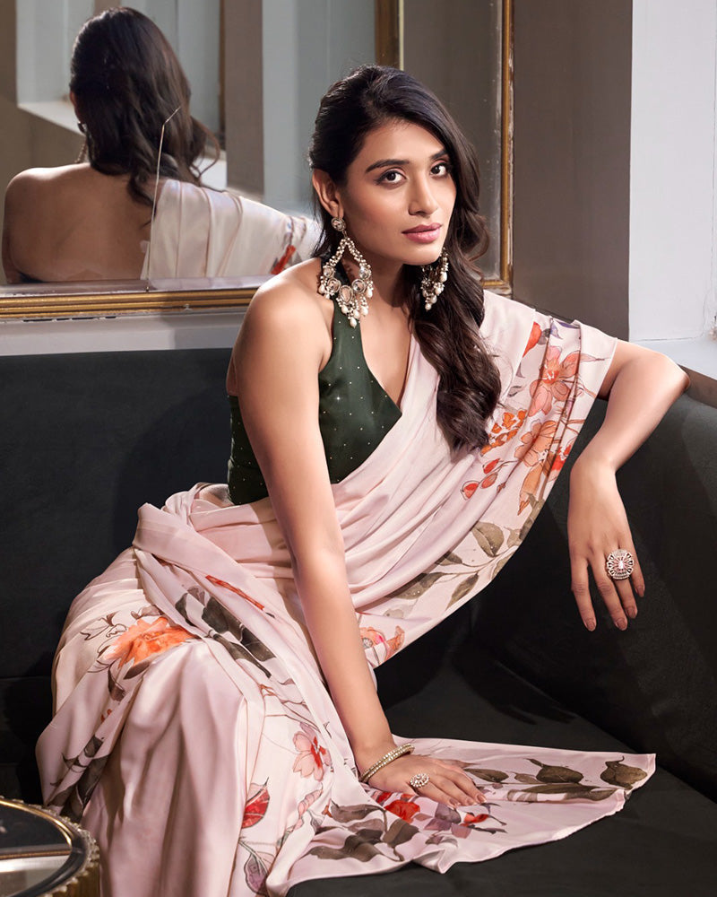 Off White Color Satin Silk Printed Saree - ETHNICDEAL