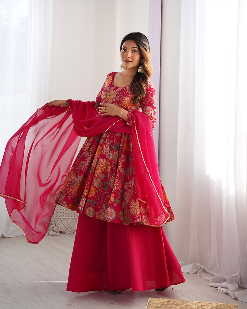 Rani Pink Color Printed Plazzo Suit | Sangeet & Engagement Wear | Sharara Set For Women