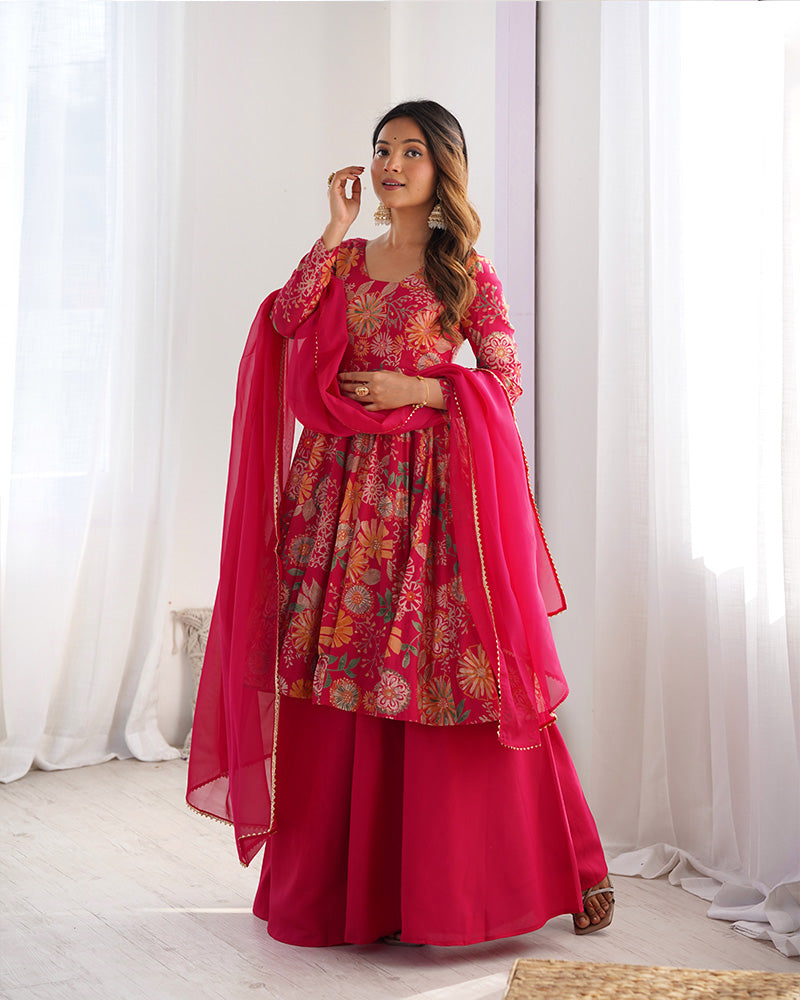Rani Pink Color Printed Plazzo Suit | Sangeet & Engagement Wear | Sharara Set For Women