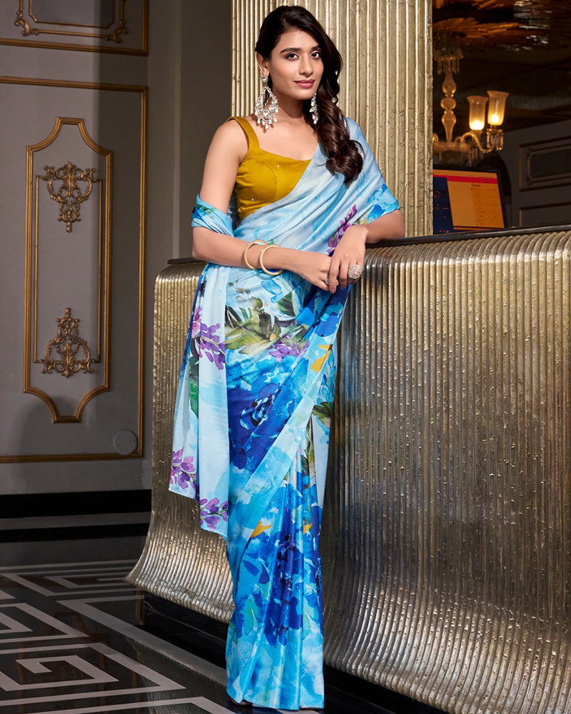 Sky Blue Color Satin Silk Printed Saree - ETHNICDEAL