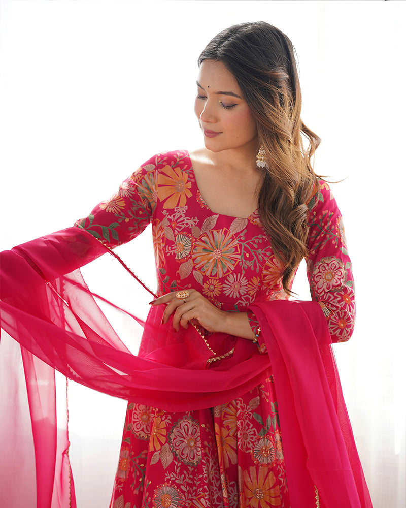 Rani Pink Color Printed Plazzo Suit | Sangeet & Engagement Wear | Sharara Set For Women