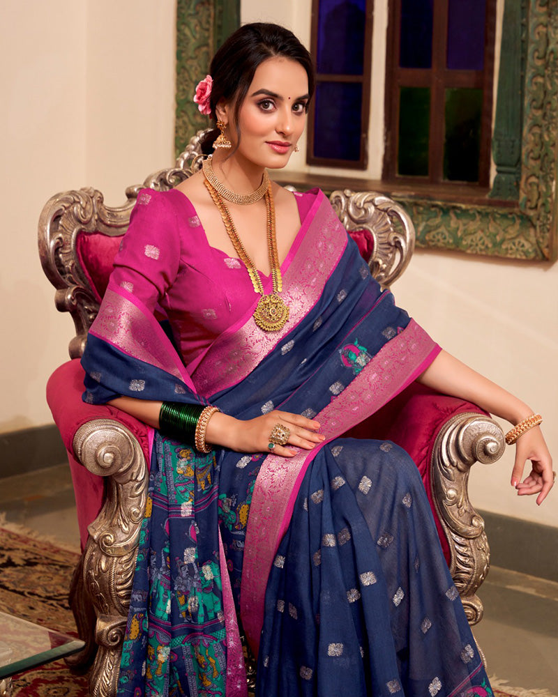 Navy Blue Color Poly Kalamkari Print Cotton With Zari Work saree - ETHNICDEAL