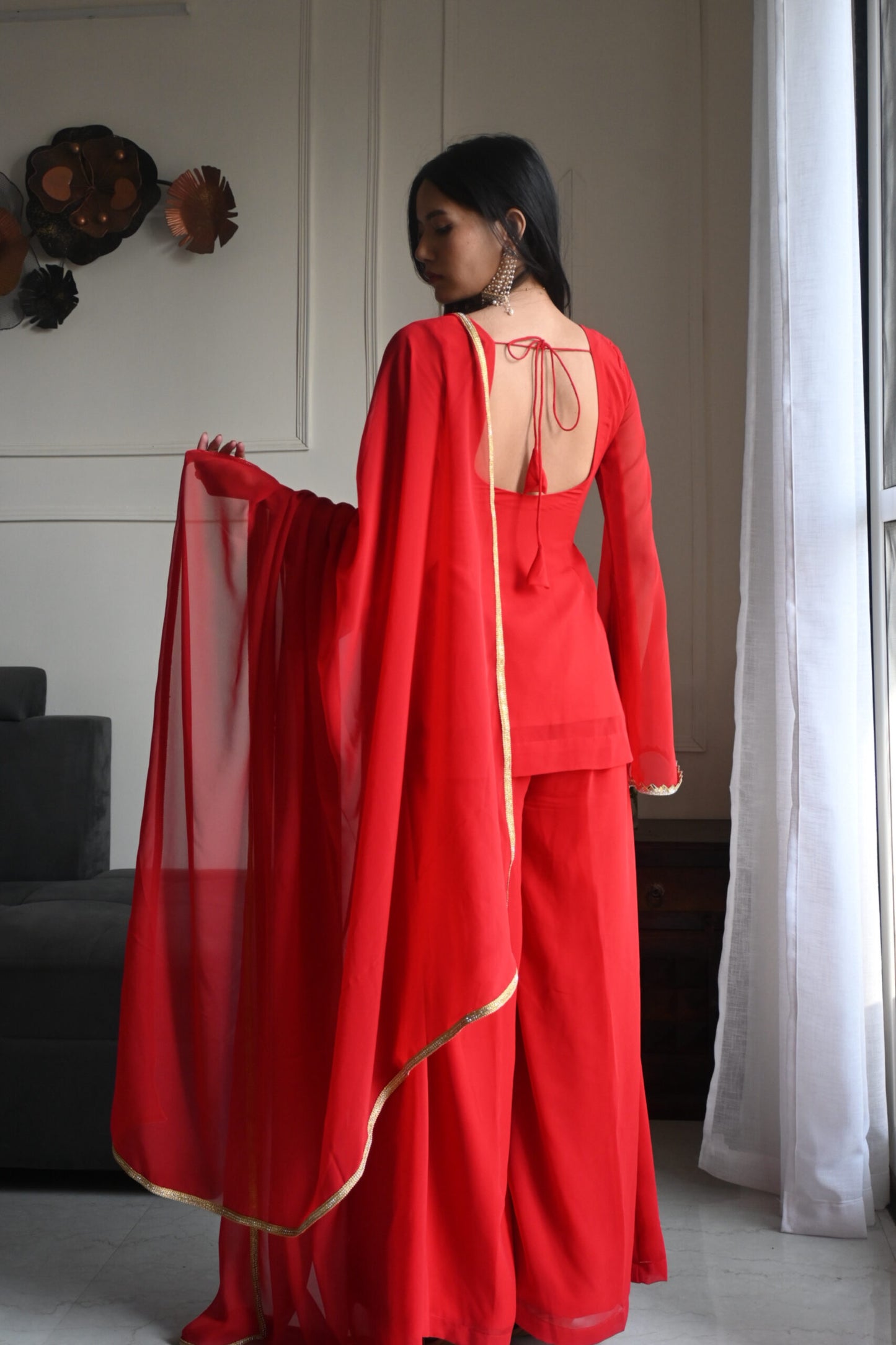 90's Style Red Handcrafted Georgette Palazzo Sharara Suit Set | Wedding & Party Wear