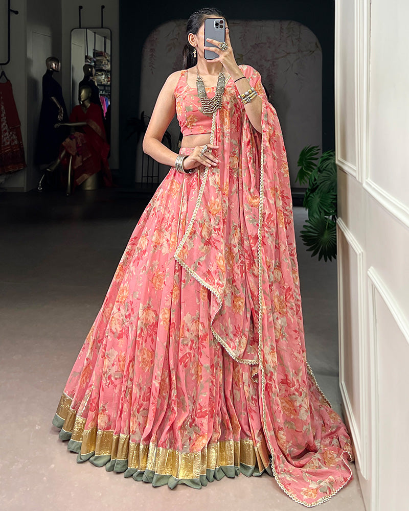 Mesmerizing Peach Color Chiffon Printed Lehenga Choli - ETHNICDEAL