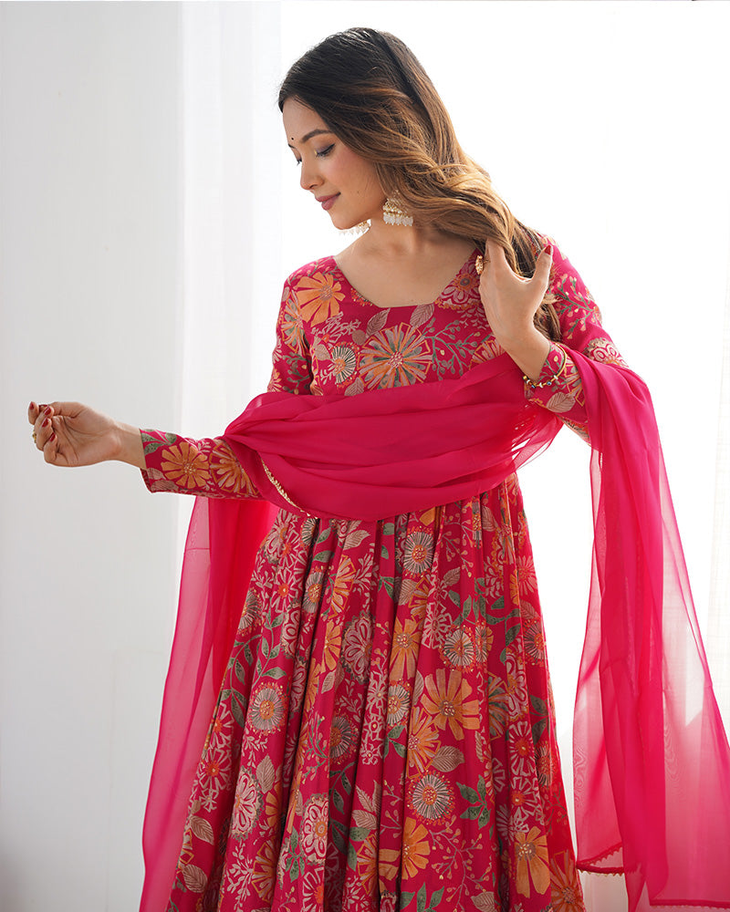 Rani Pink Color Printed Plazzo Suit | Sangeet & Engagement Wear | Sharara Set For Women