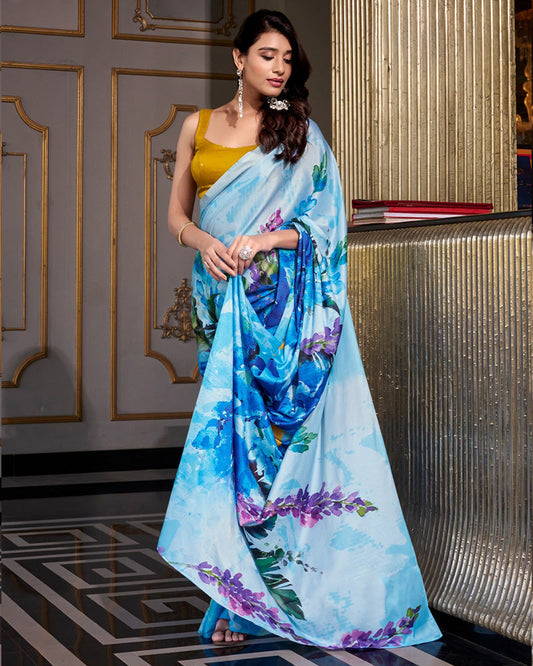 Sky Blue Color Satin Silk Printed Saree - ETHNICDEAL