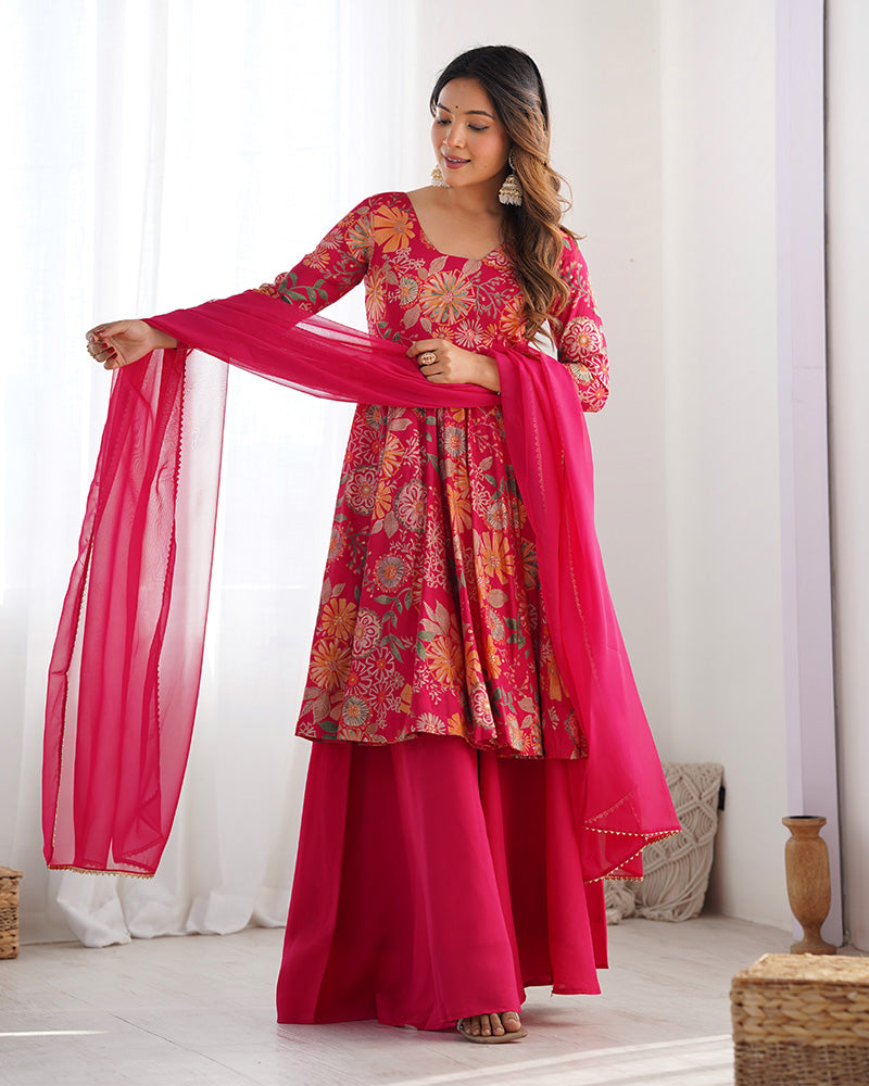 Rani Pink Color Printed Plazzo Suit | Sangeet & Engagement Wear | Sharara Set For Women