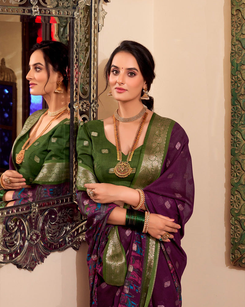 Wine Color Poly Cotton Kalamkari Print With Zari Work saree - ETHNICDEAL